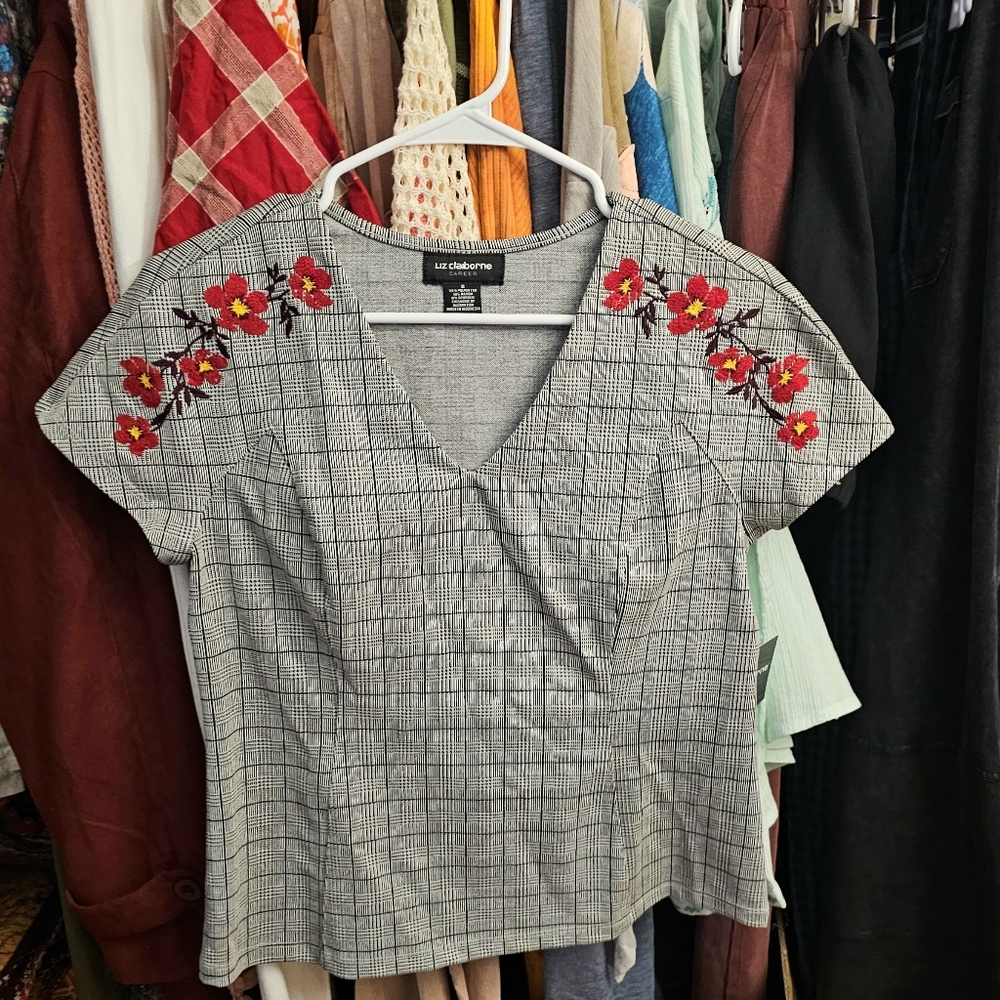 Liz Claiborne Checkered Blouse with Red Floral Embrodery